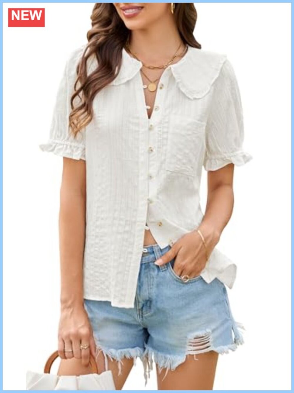 ECOWISH Women's Button Up Shirt Peter Pan Collar Frilled Short Sleeve Cotton